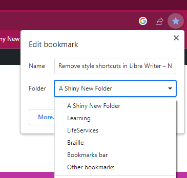 editing bookmark drop down folder menu